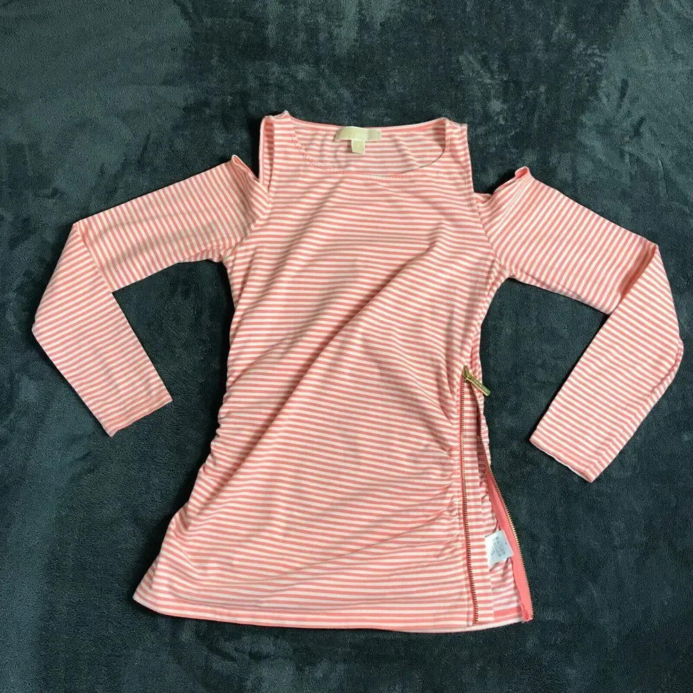 Michael Kors Womens Sz Small Long Sleeve Striped Cold Shoulder Top Zipper Detail